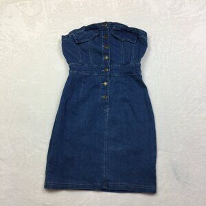 New! Mebon Love Culture Strapless Mini Jean Dress S Womans Blue Denim Button